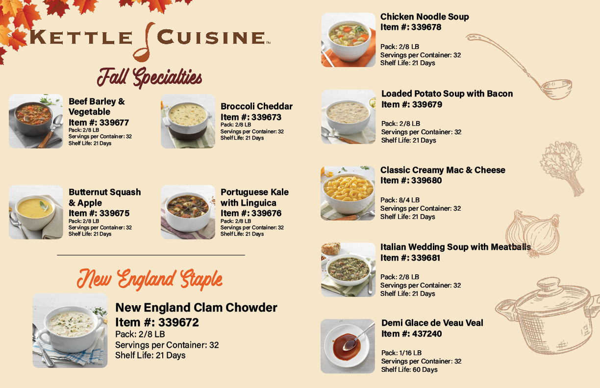 A Kettle Cuisine promotional flyer showcasing their new fall specialty soups, classic comforts, and New England staples.