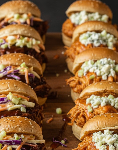10 pork sliders on a wooden table with different vegetable toppings