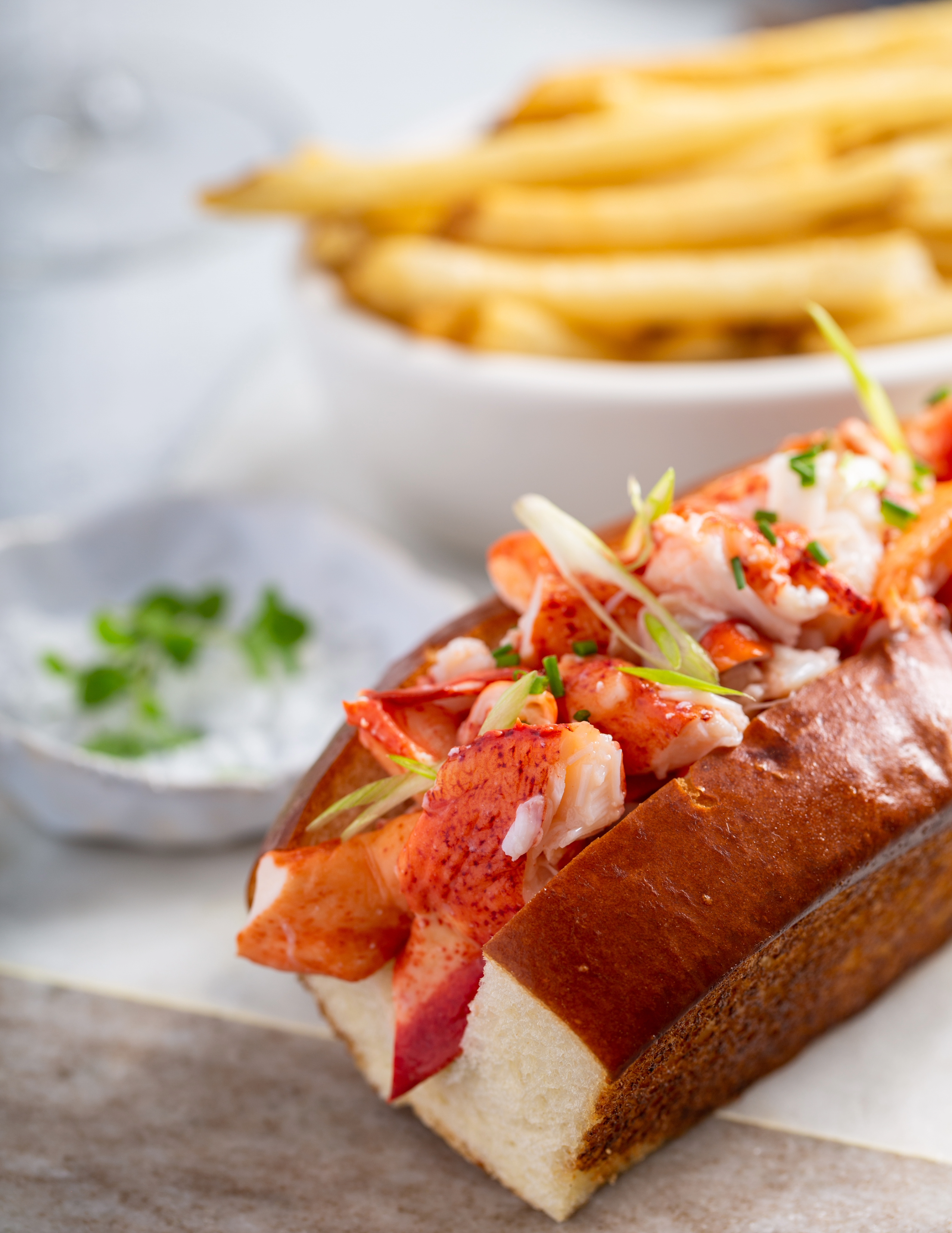 Lobster meat on a roll with french fries