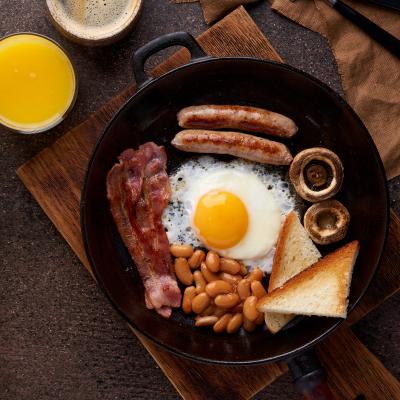 Breakfast items on a skillet