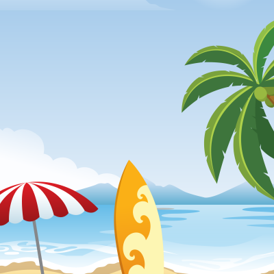 Cartoon beach with an umbrella, surfboard and palm tree